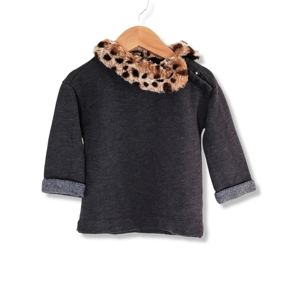 Crewcuts J. Crew Leopard Collar Grey Fleece Top Girls Size 3 - Picture 1 of 5
